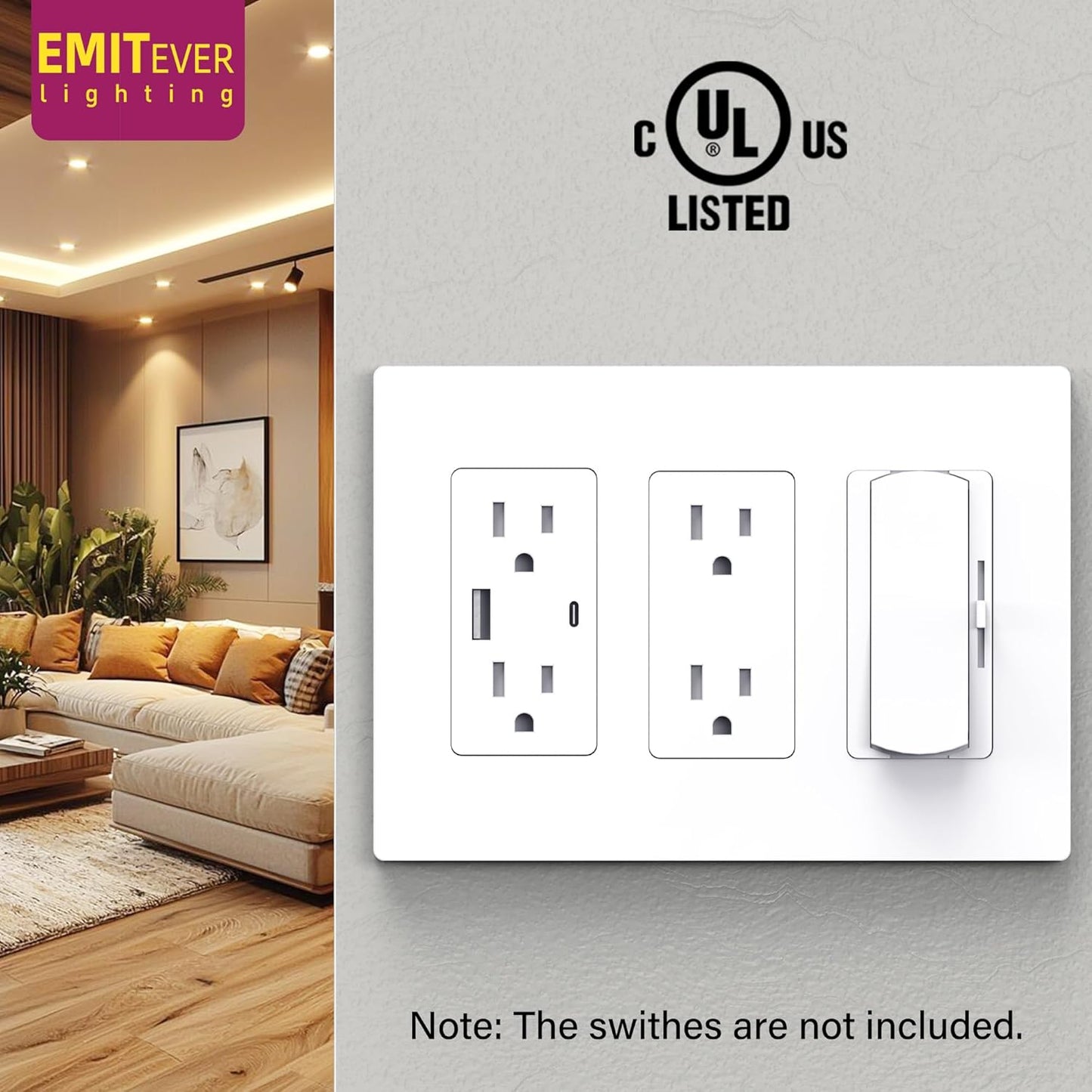 EMITEVER 3-Gang Screwless Decorator Wall Plate Cover for Receptacle Outlet & Light Switch, Standard Size 4.53"H x 6.38"W, Unbreakable Thermoplastic Faceplate, UL Listed, Matte White 5-Pack