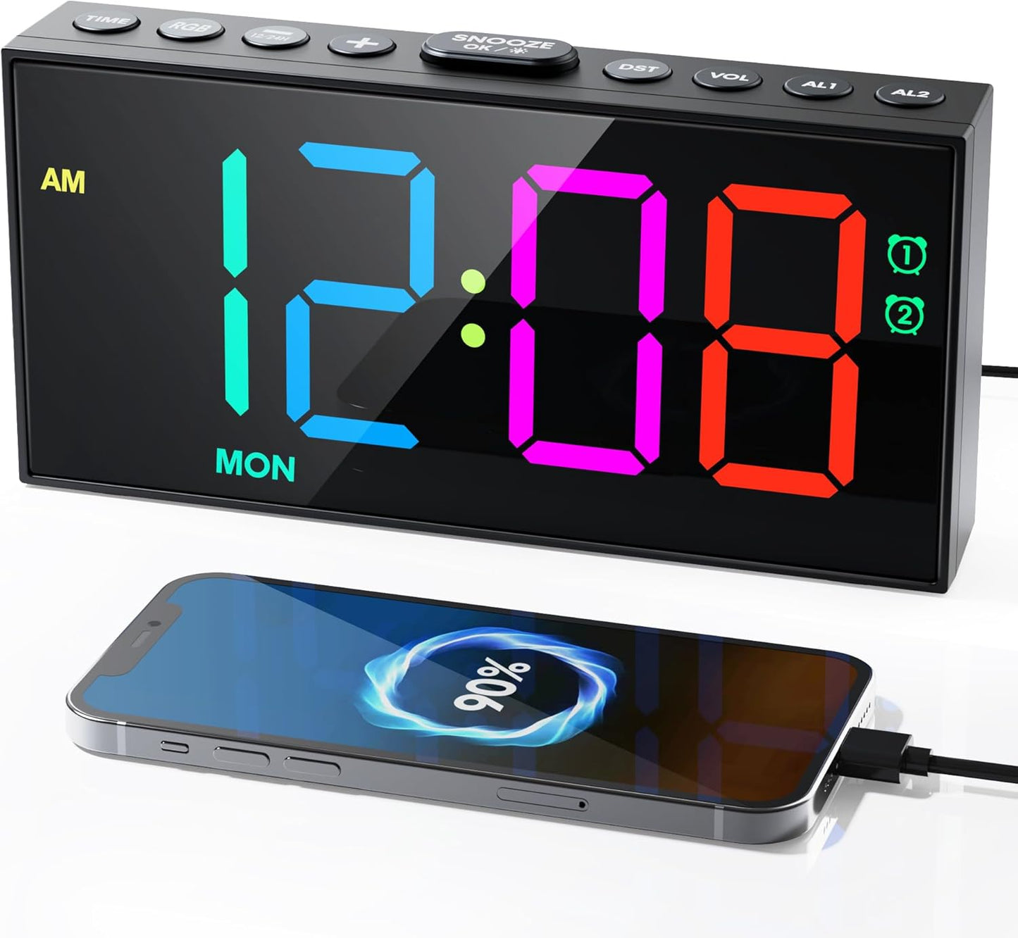RGB Digital Alarm Clock for Bedroom, Dual Alarms ,Weekday/Weekend/Everyday Mode, 7 Dimmer,5 Volume,2 Charging Ports, 9-min Snooze,Memory Function,Plug in Desk Clock Large Display for Kids/Teens