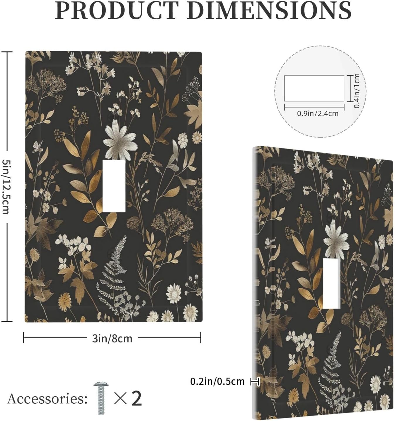 Decorative Light Switch Cover Black Gold Floral Dark Leaves Vintage Flowers 1 Gang Single Toggle Device Electrical Faceplate Switchplates Decorator Outlet Wall Plate for Bed Room Home