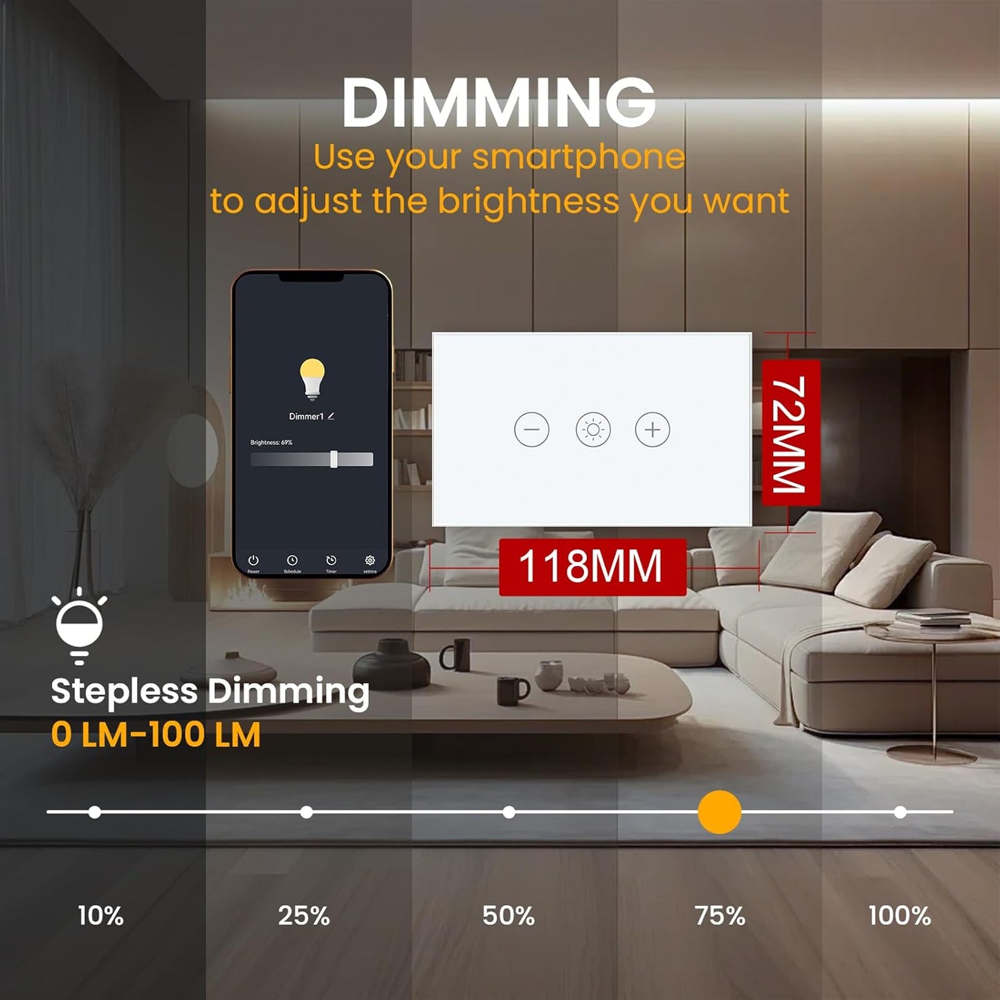 Smart Dimmer Switch Neutral Wire Required, 2.4GHz WiFi Dimmer Light Switch with Remote Voice Control, Tempered Glass Panel, Compatible with Alexa and Google Home, White WiFi Dimmer