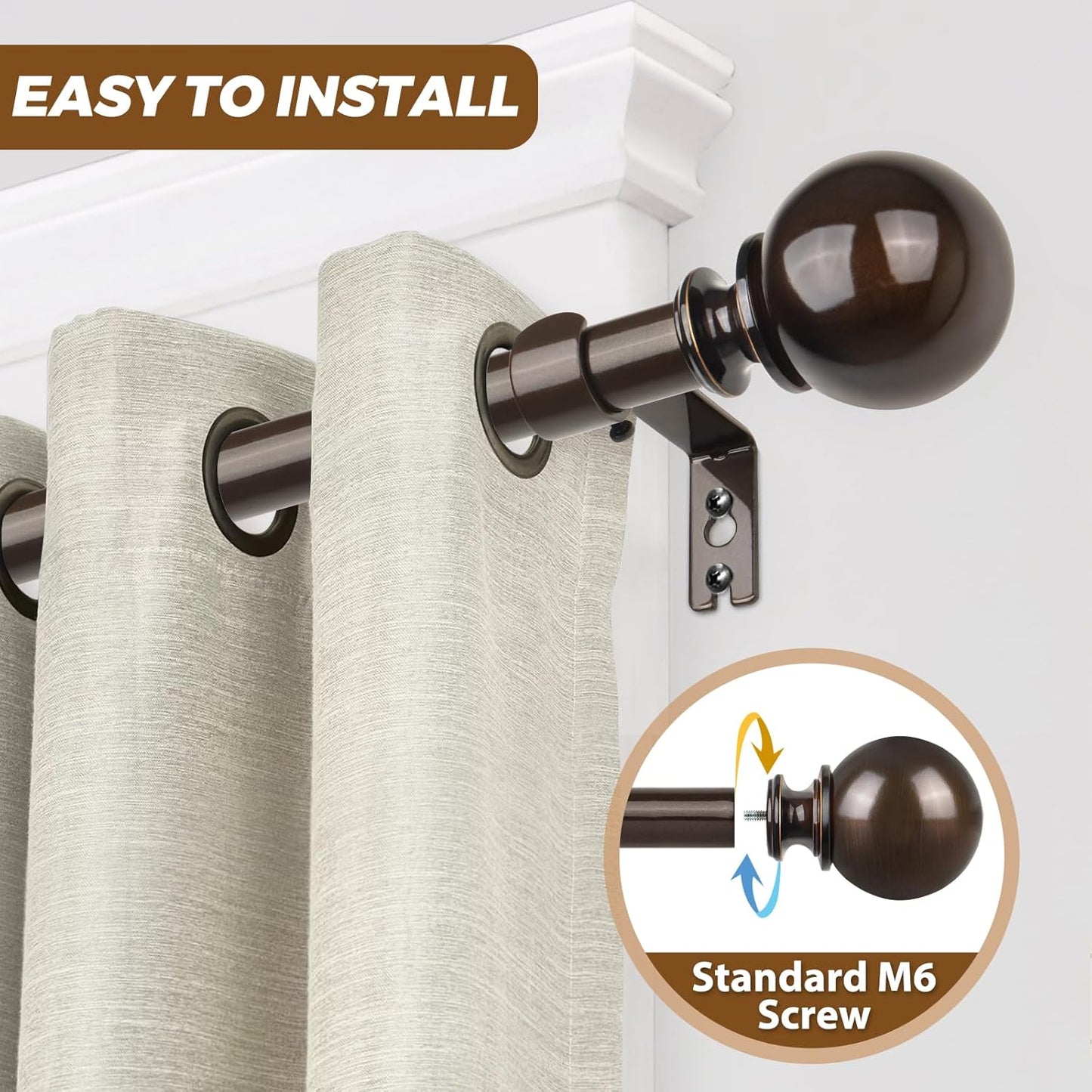 KAMANINA Curtain Rods 32 to 58 Inches (2.6-4.8ft), Antique Bronze Single Curtain Rod for Windows, 7/8 Inch Decorative Drapery Rod with Round Finials