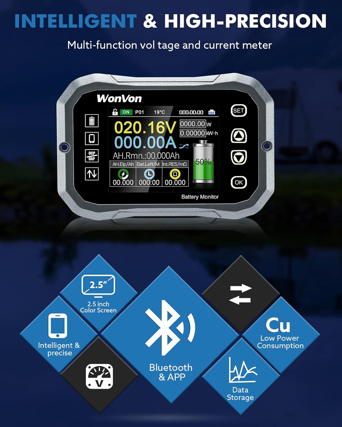 WonVon Battery Monitor with Shunt 400A 0V-120V Battery Monitor for RV Motorcycle Golf Cart Solar Panel with Screen,Capacity Percentage Time Power Voltmeter Display,Support High/Low Voltage