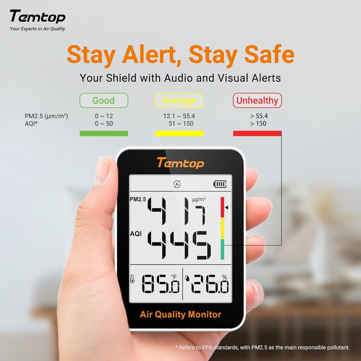Temtop Air Quality Monitor Indoor Thermo-Hygrometer - PM2.5, AQI, Temperature, and Humidity Meter for Home, Office, or School, Air Quality Measurement, 60-Day Battery Life