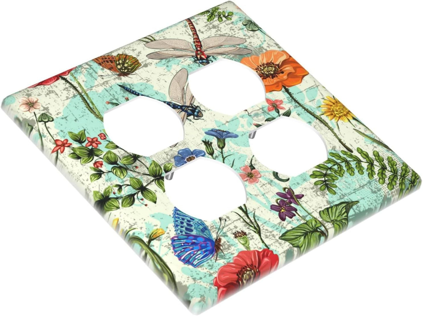 Dragonflies Flowers Butterfly 2 Gang 2 Duplex Outlet Light Switch Cover Decorative Wall Plate Cover For Home Living Bedroom Kitchen Decorative
