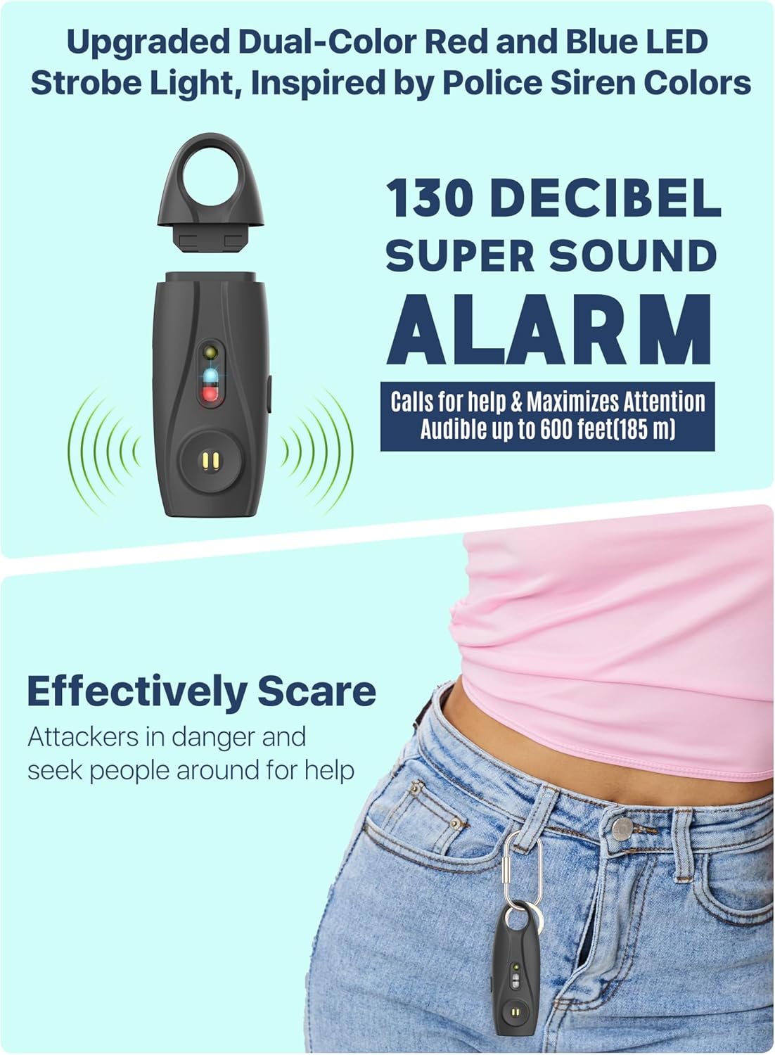Rechargeable Personal Safety Alarm Keychain, Upgraded Dual-Color Red & Blue Strobe Light, LED Flashlight, 130dB Loud Siren, Safe Personal Alarm for Women, Kids and Elders