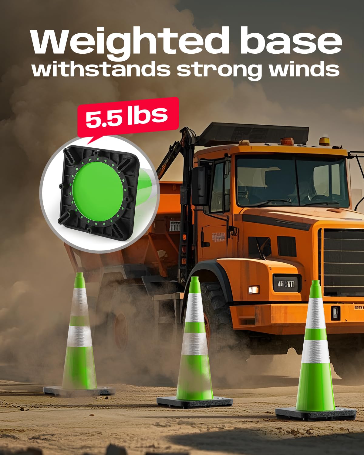 BATTIFE 28 Inch Traffic Cones with Black Weighted Base, PVC Green Safety Cones for Traffic Control, Construction Events, Driveways, and Parking Lots (6 Pack)