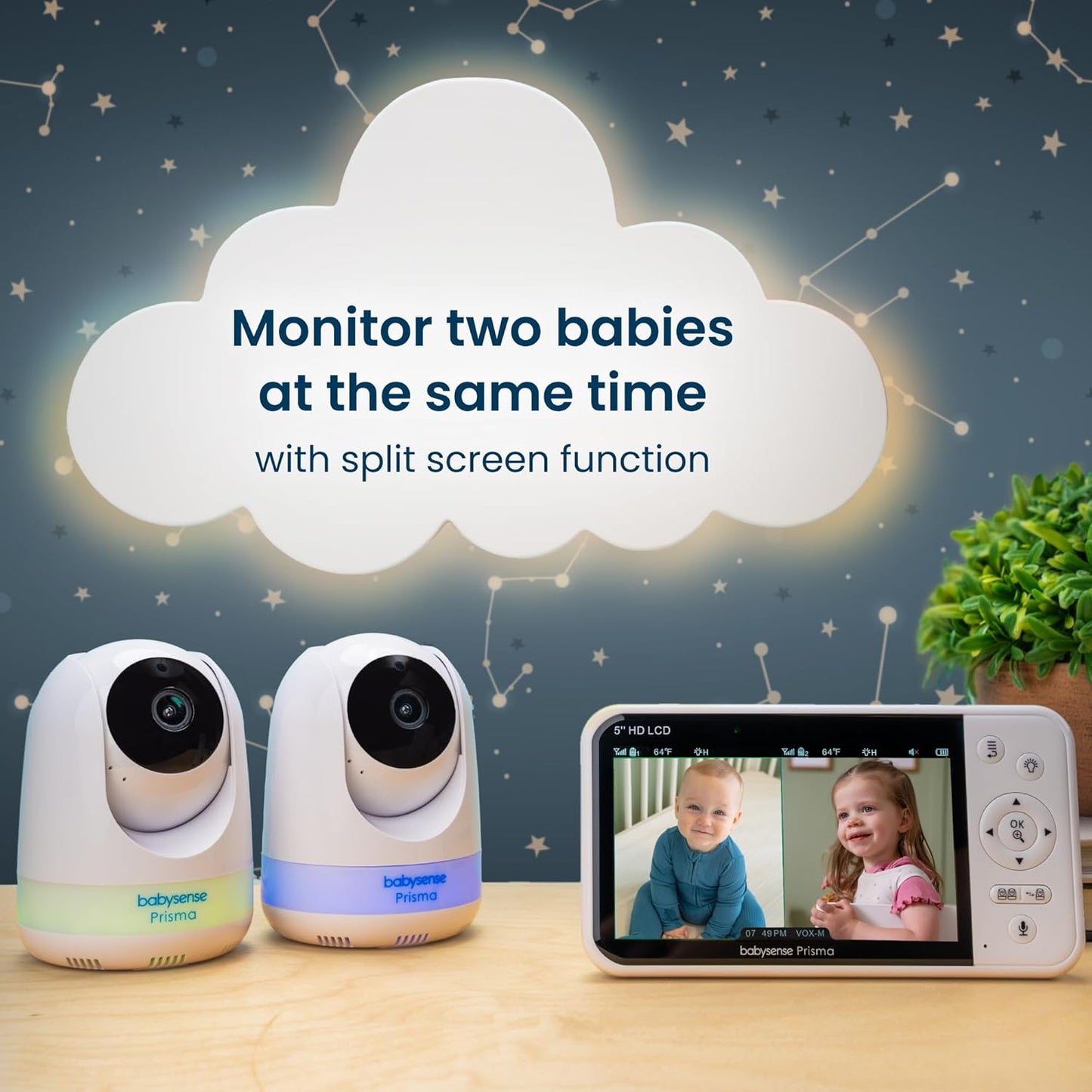 Babysense Prisma Baby Monitor with Camera and Audio, 5” HD Video Baby Monitor, 6-Color Night Light, Split Screen, Baby Sound Machine with White Noise & Lullabies, Secure No WiFi