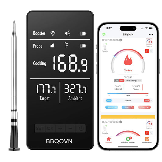 WiFi Sub-1G Wireless Meat Thermometer Unlimited Range 7 NIST Cert.Sensors IP68 With Ambient Temp Accuracy ±0.5°F APP&Magnet Smart Digital Base,Monitor for BBQ, Grill,Oven,Smoker(1,Black,Small)