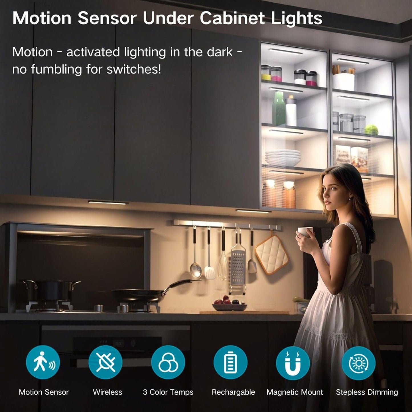 Motion Sensor Under Cabinet Lighting-Magnetic Rechargeable Closet Lights for Kitchen,Stairs,Wardrobe | 3-Color Dimmable LED Under Counter Lighting | Pro Battery Upgrade (2, 16 inch)