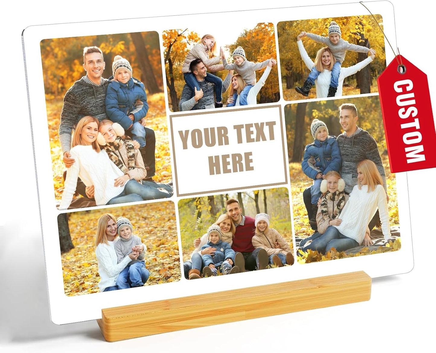 Custom Photo Prints - Metal Desktop Picture Frame with Photos Collage & Text & Wooden Base Personalized Gifts for Family Lovers Pets and Friends, Optional Multiple Sizes