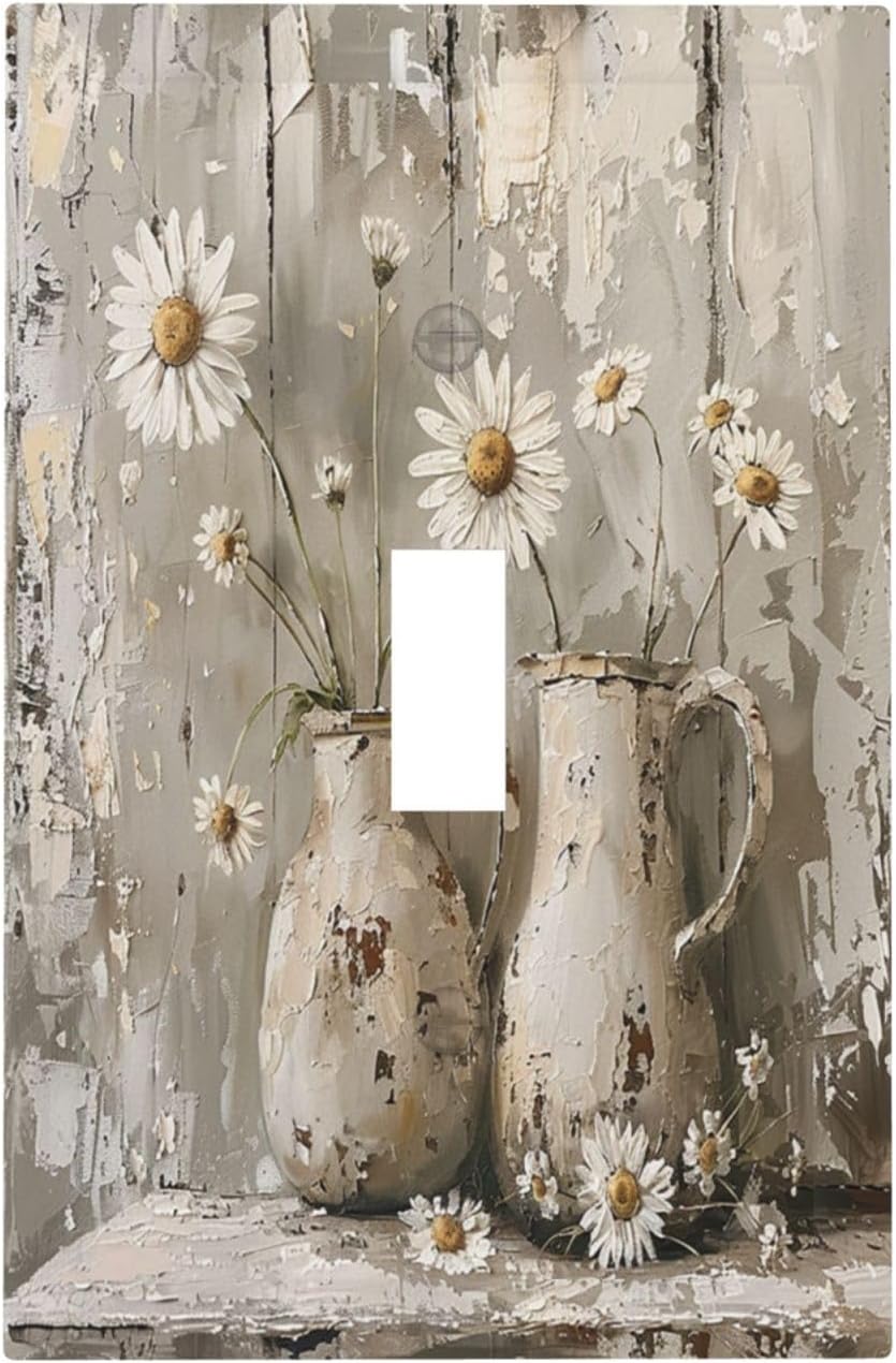Decorative Light Switch Cover Vintage Rustic Floral White Daisy Flower Oil Painting Style 1 Gang Single Toggle Device Electrical Faceplate Switchplates Decorator Outlet Wall Plate for Home