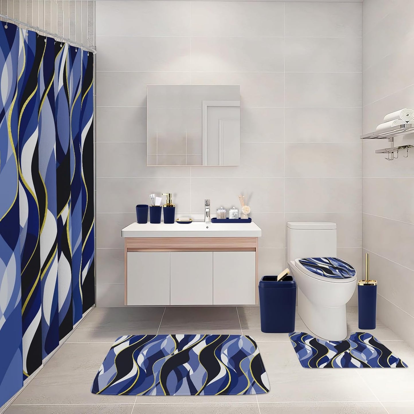Bathroom Set - Blue and Gold Bathroom Accessories, Bathroom Sets with Shower Curtain and Rugs, Navy Blue Shower Curtain Set with Bathroom Trash Can, Soap Dispenser, Soap Dish for Home Decor