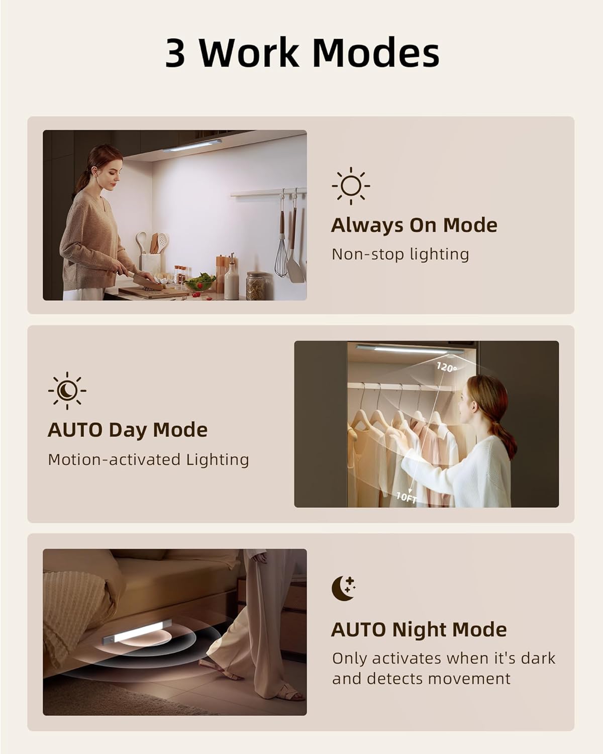 EZVALO Under Cabinet Lighting, Motion Sensor Closet Lights with 3 Extra Batteries, 76 LEDs Dimmable Eye-Caring Rechargeable LED Lights, 3 Color Temps, Under Counter Lights for Kitchen, Wardrobe
