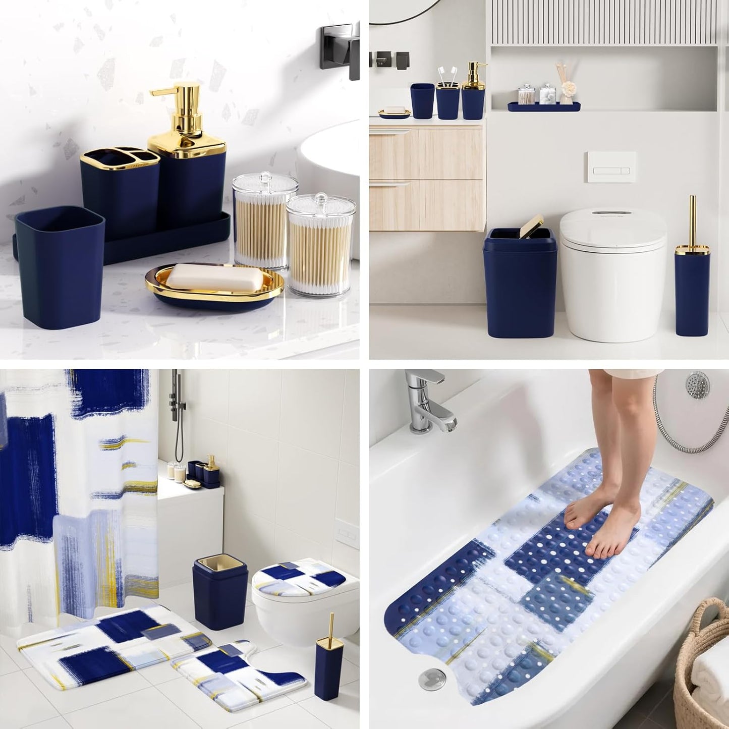 Bathroom Accessories Set - 26PCS Navy Blue Bathroom Set, Bathroom Accessory Set with Shower Curtain and Rugs and Bathtub Mats for Home