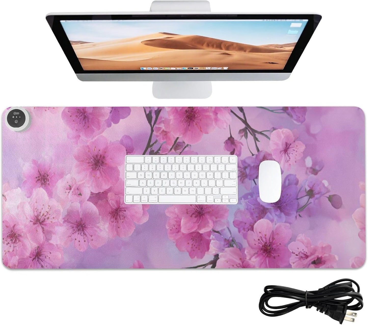 Heated Desk Pad Mouse Pad 31.5x13 Inch PU Leather Desk Mat with 3 Heat Levels Large Mouse Gaming Computer Laptop Mat Romantic Cherry Blossom