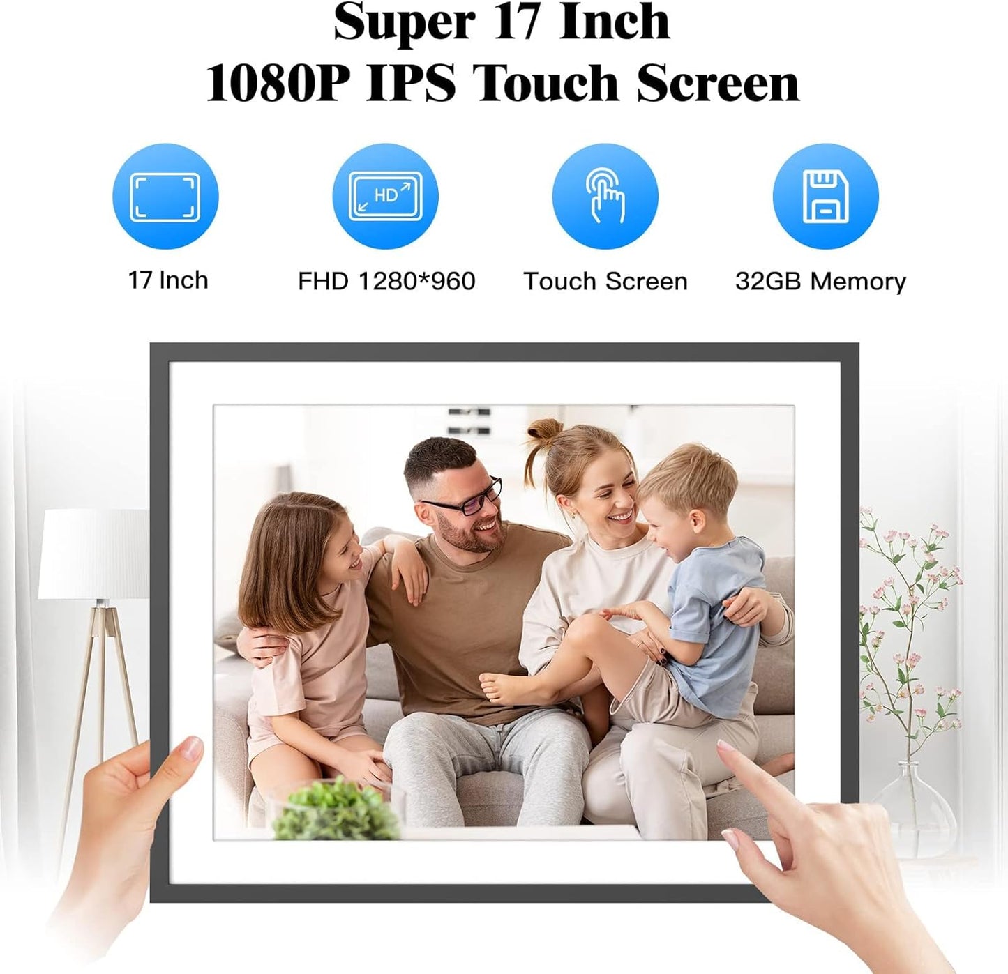 Large Digital Photo Frame 17-inch - Dual-Wifi Electronic Digital Photo Frames, 32GB Digital Photo Frame, Full Function, IPS Touch Screen, Share Photo via App Email, Free Cloud, Gift for Family Friends