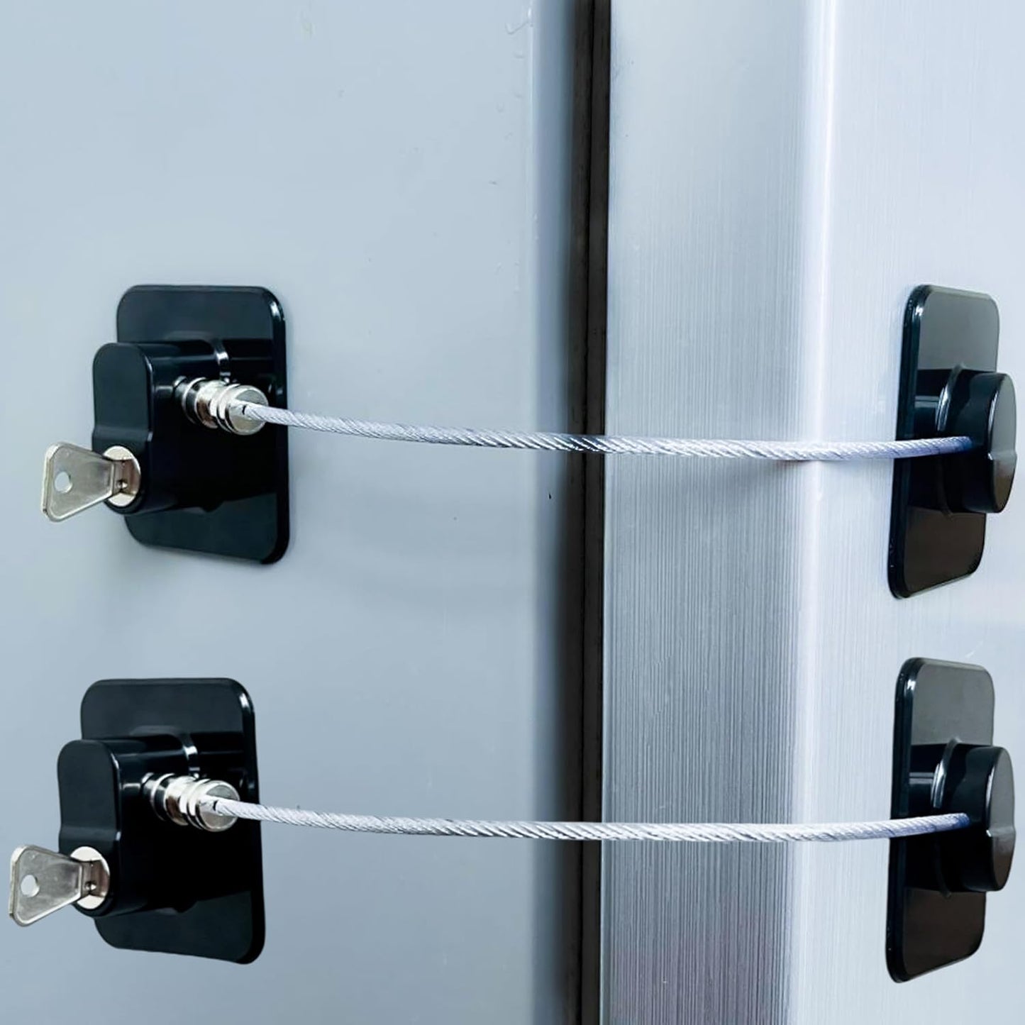 Refrigerator Lock (2 Pack), Fridge Locks with 2 Keys, Child Safety Lock, Baby Proof Cabinet and Drawer Locks, Freezer Latch for Double Door, French Door (Upgraded Black)
