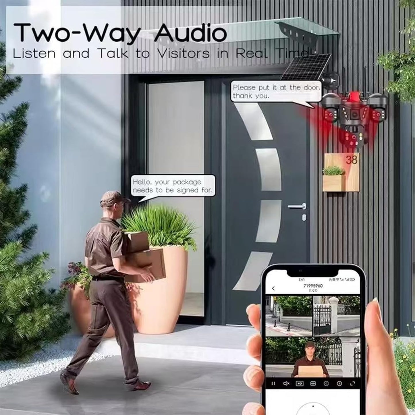 4K Solar Security Camera, 3 Cameras Security Cameras Wireless Outdoor, 360° Pan & Tilt Surveillance, Have Alarm Detection, Smart Monitor＆Night Vision, Two Way Intercom Outdoor Function 2.4GHz Wi-Fi