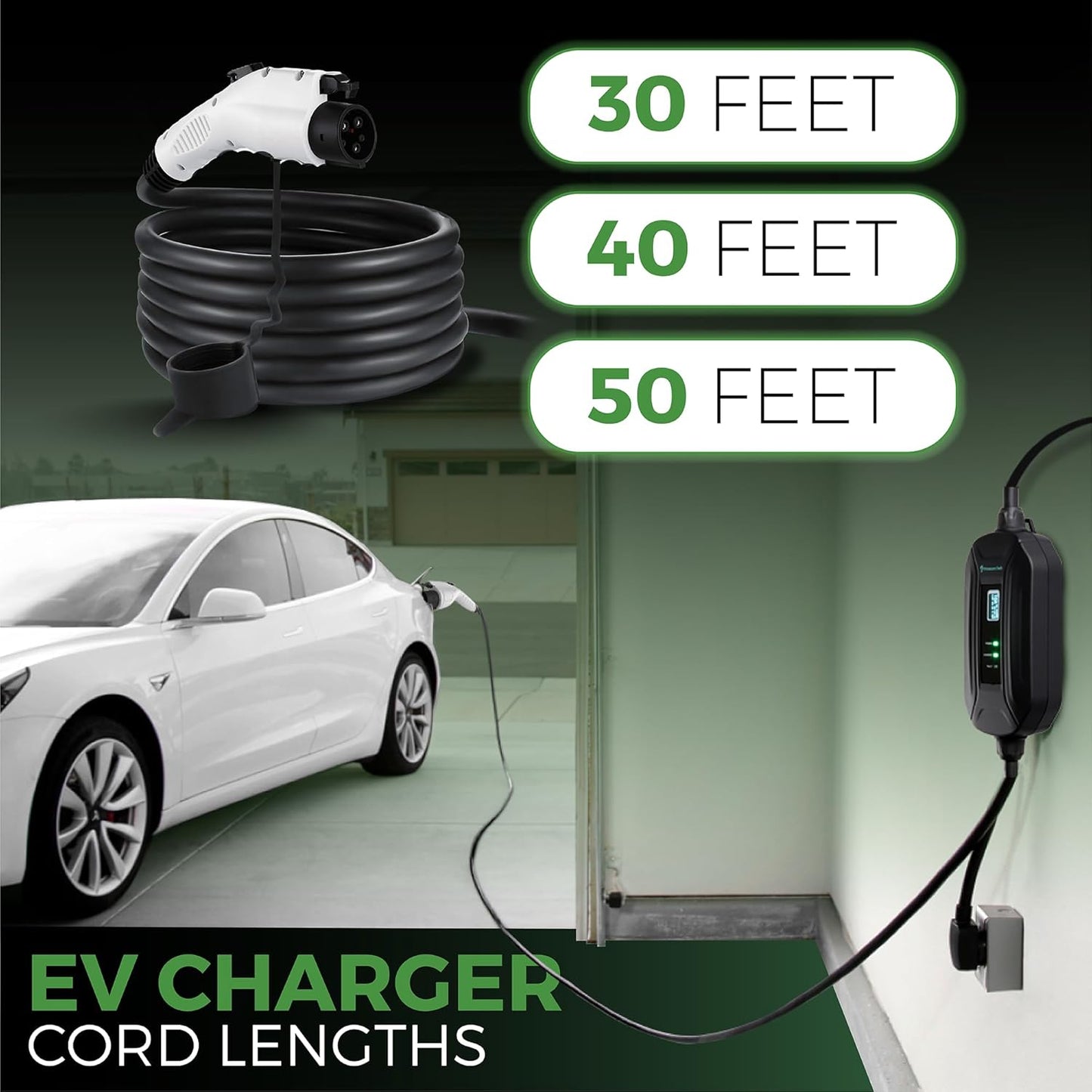 PRIMECOM Level 2 Electric Vehicle (EV) Charger (220V / 240Volt, 16Amp) Portable EVSE Smart Electric Car Charger, 30', 40', and 50 Feet Lengths (30 Feet, 14-30P)