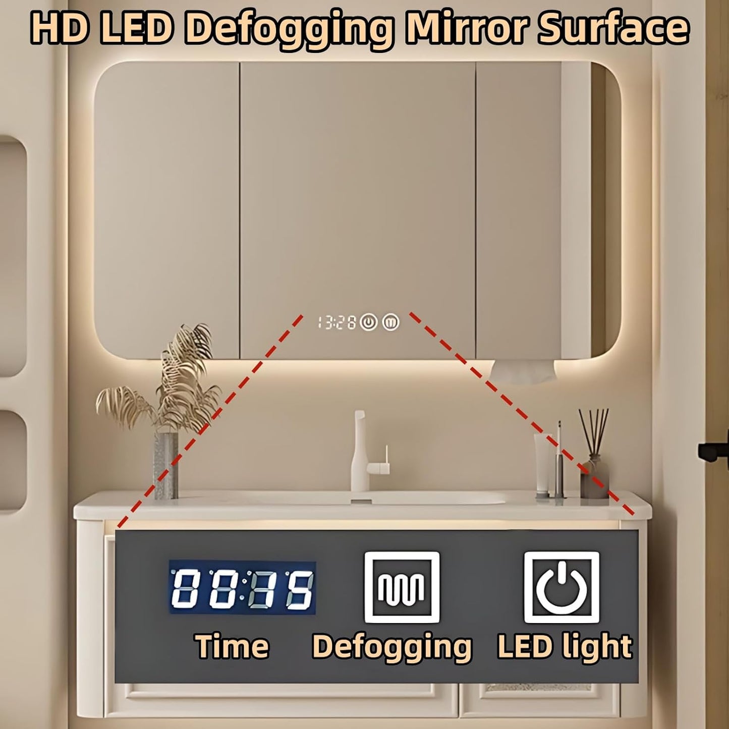 60IN Wall Mounted Bathroom Vanity Set - Wood Bathroom Vanities has Tissue Hole Design | Includes Smart Defogging Mirror Cabinet & Time Display, Rounded Corners, Glass Cabinet Doors (Style B)