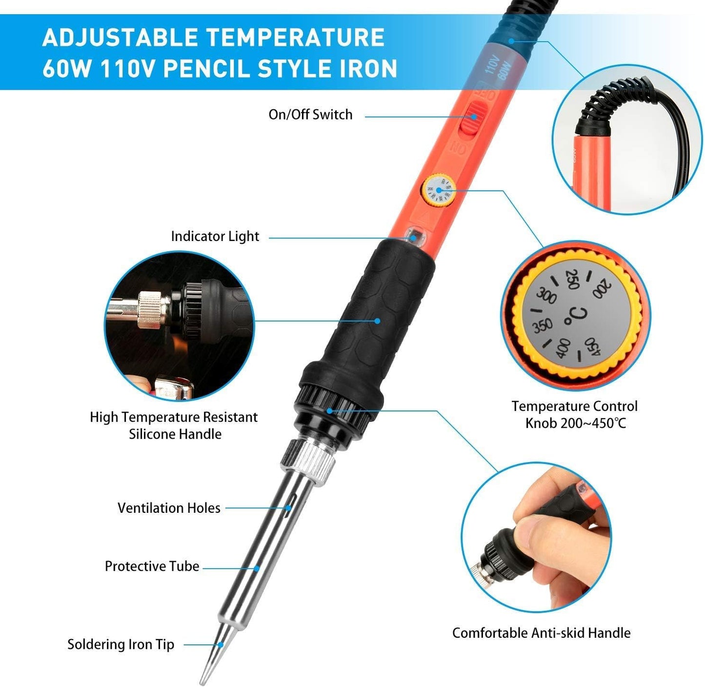 Soldering Iron Kit, 60W Soldering Iron with Ceramic Heater, 5-in-1 Adjustable Temperature Soldering Welding Iron Kit for any Hobby Enthusiast