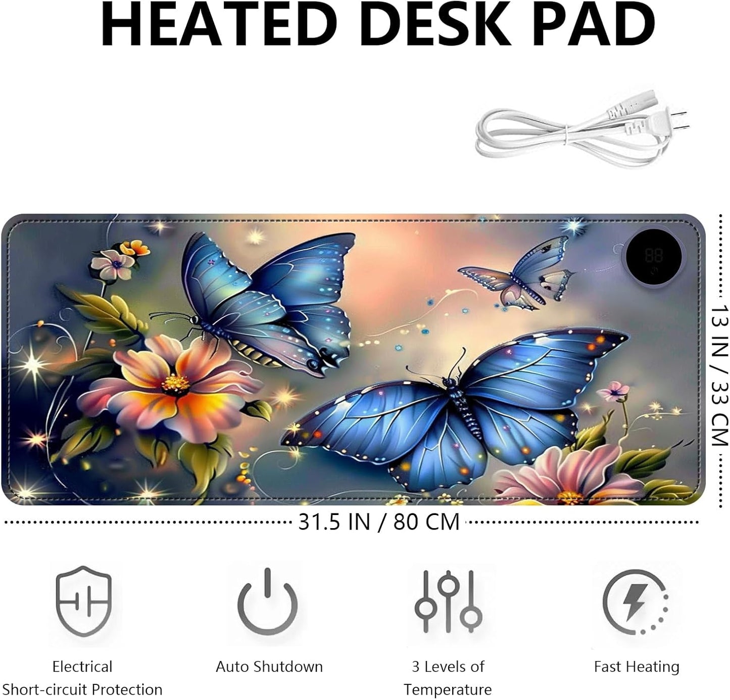 Heated Mouse Pad with 3 Levels Heated & 3 Hours Auto Shut-Off Mouse Pad for Warming Hands in Office Home, 31.5" x 13"Large Safe Desk Mat Hand Warmer，Blue Butterfly
