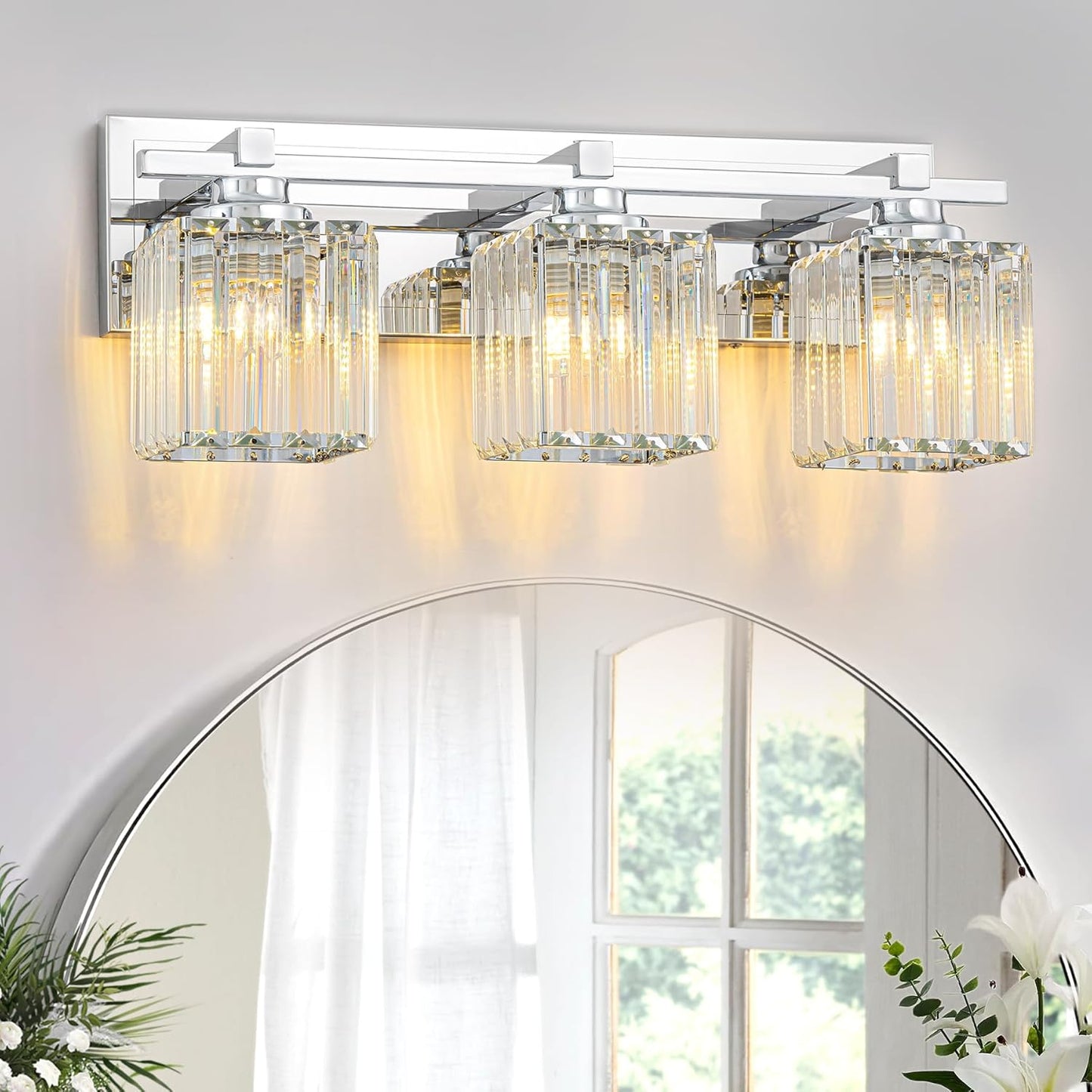 Crystal Bathroom Light Fixtures, 3 Light Chrome Vanity Lighting Over Mirror with Crystal Shades, Modern Bathroom Vanity Light for Restroom, Bath, Cabinet and Powder Room