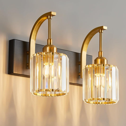 Bathroom Crystal Vanity Lights 2-Light Black Gold Wall Lamp Modern Crystal Bathroom Light Fixtures Over Mirror 13.77" Long Wall Sconce