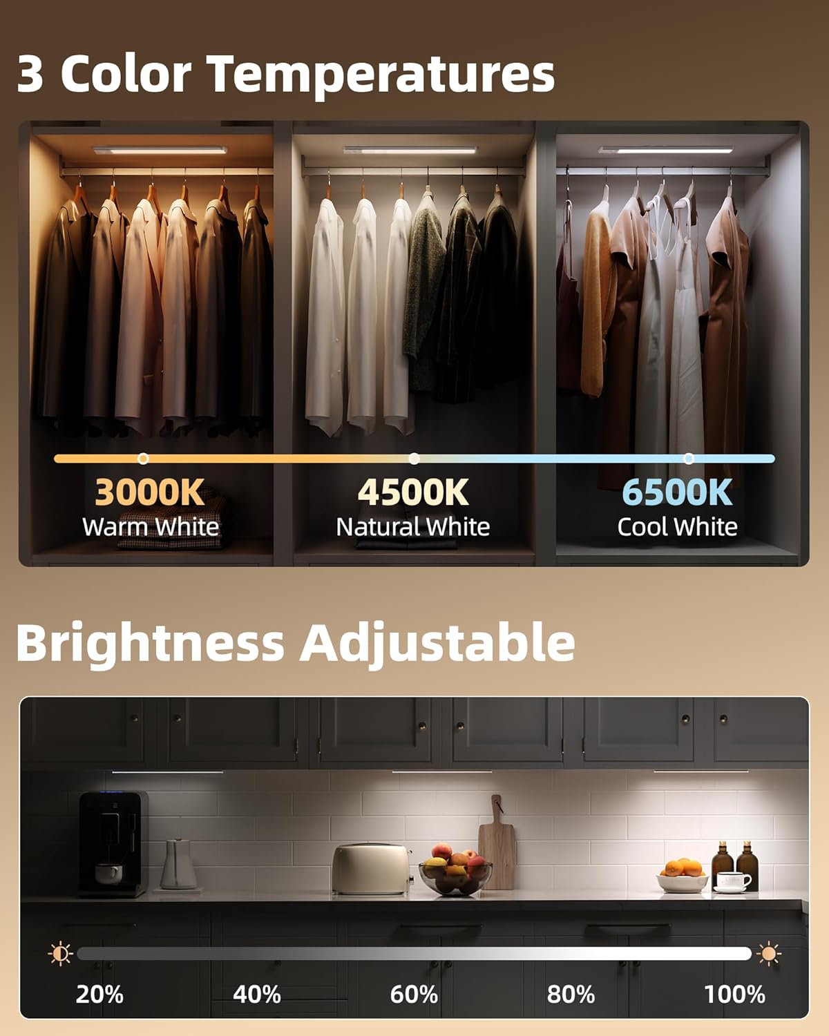 EZVALO 4-Pack Under Cabinet Lighting, 4000mAh Rechargeable Motion Sensor Light Indoor, with Dimmable & 3 Color Temps, Magnetic Closet Lights, Wireless Under Counter Lights for Kitchen (16.5inch)