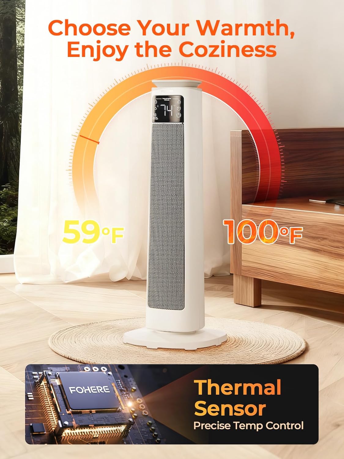 Space Heater for Large Room, FOHERE 24" Electric Heaters for Indoor Use with Thermostat and Remote, 70° Oscillation, 12H Timer, Overheat and Tip-Over Protection, Fan Mode for Home Bedroom Office
