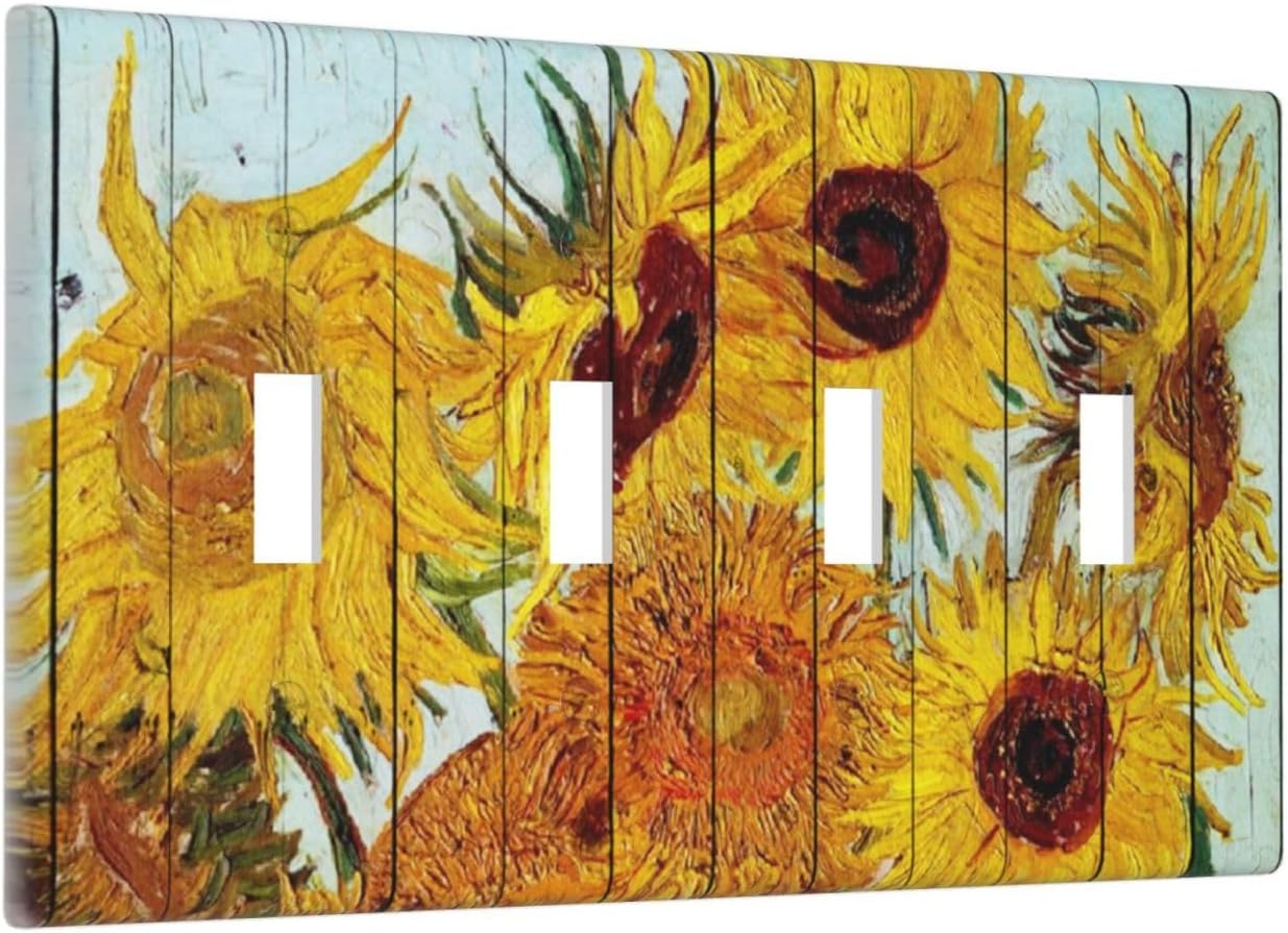 Light Switch Covers Sunflowers Oil Paintings Wood Floral Quad Toggle Electrical Faceplate 4 Gang Wall Plate Decorative Switch Plates For Farmhouse Bed Room Decor