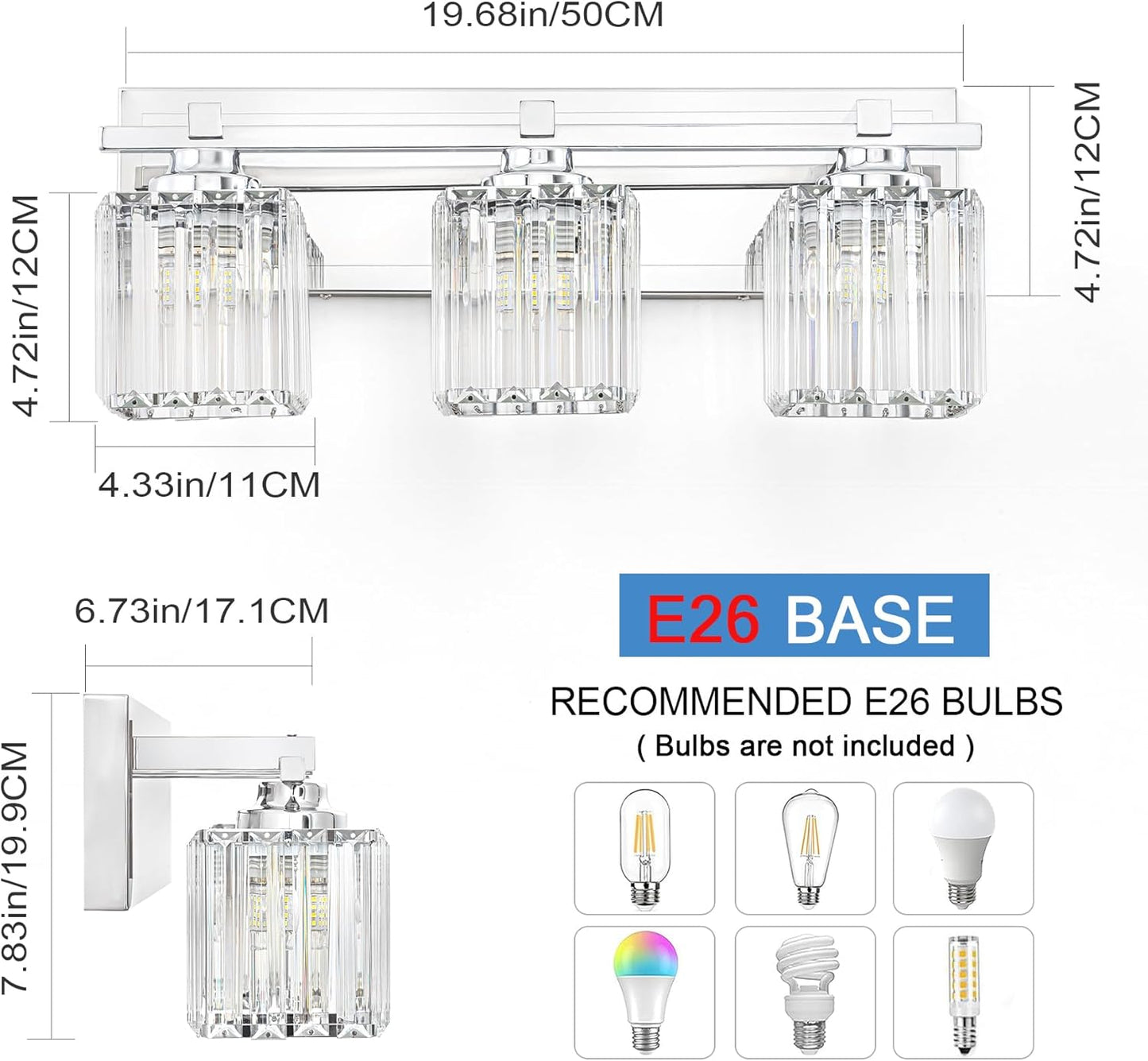 Crystal Bathroom Light Fixtures, 3 Light Chrome Vanity Lighting Over Mirror with Crystal Shades, Modern Bathroom Vanity Light for Restroom, Bath, Cabinet and Powder Room