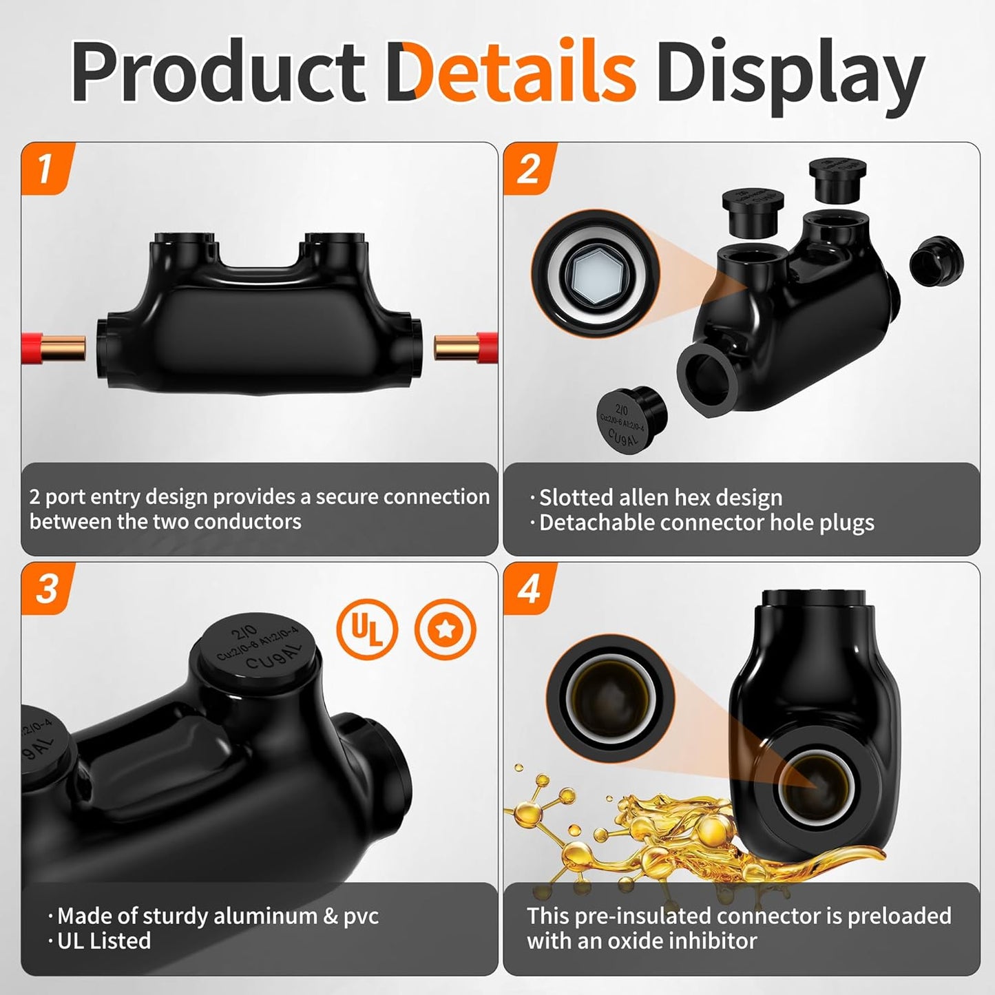 Joinfworld Insulated Inline Splice Connector 2/0-6 Gauge Aluminum to Copper Wire Connectors 6 AWG Splice Aluminum Wire Connectors UL Listed with Slotted Allen Hex - 6 Pack