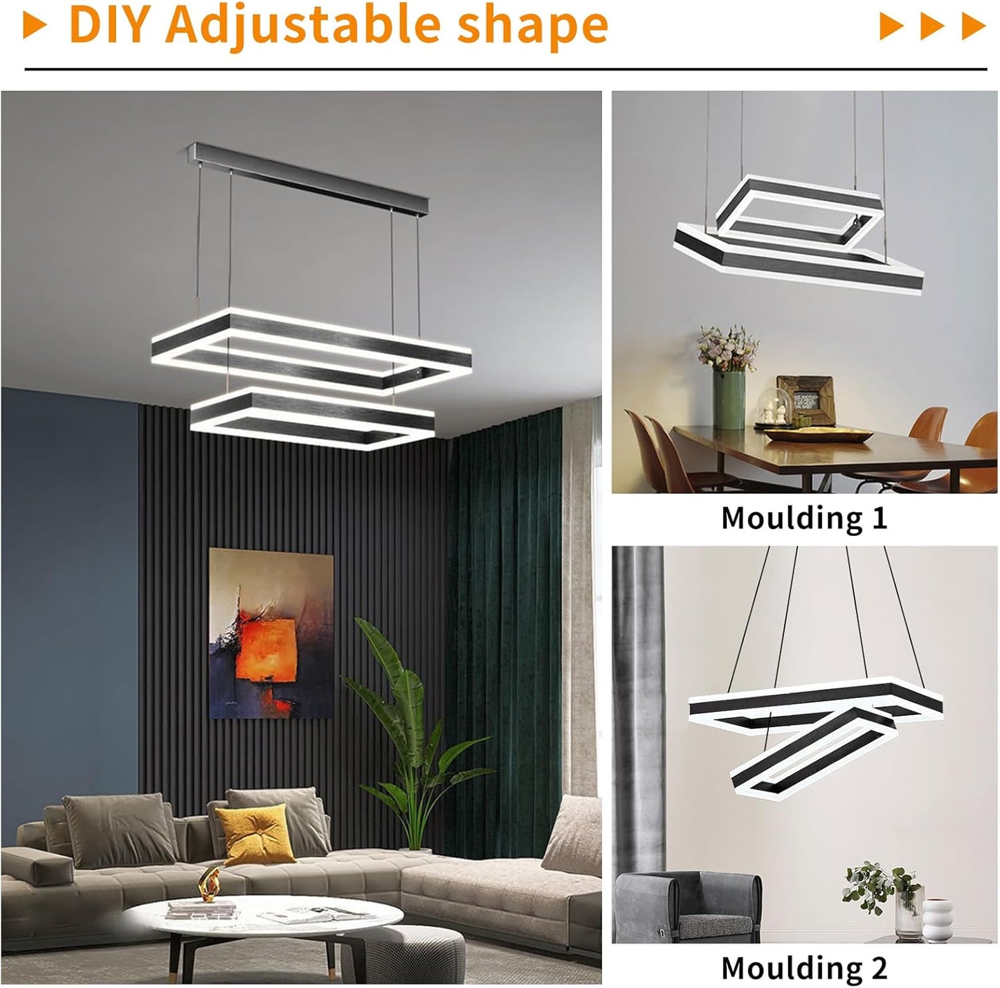 Modern LED Chandelier, Double Rectangles Ceiling Pendant Lights, LED Island Lights Dimmable Chandeliers for Dining Room Living Room Bedrooms, Black (40CM/60CM)