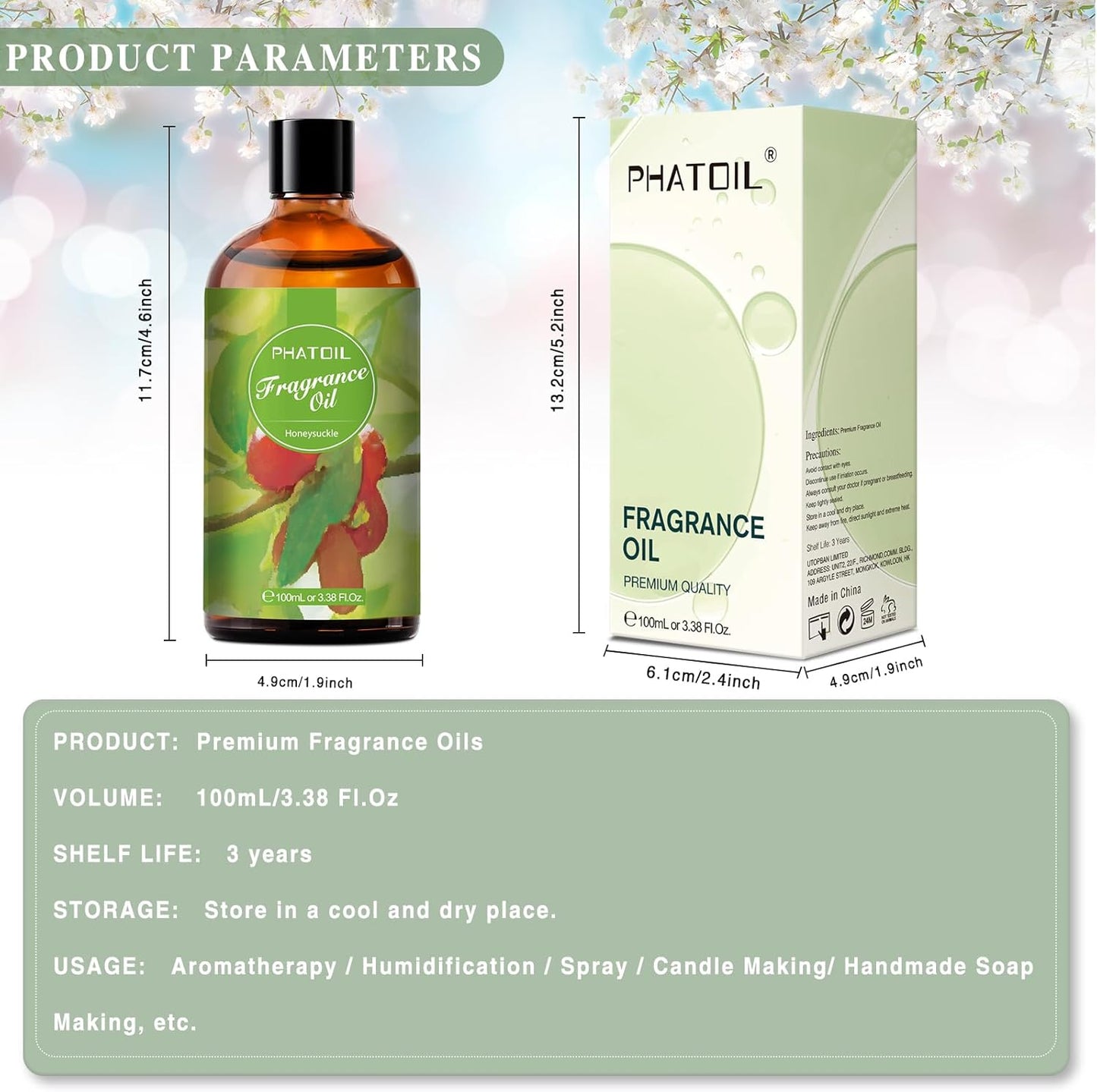 PHATOIL 3.38FL.OZ Honeysuckle Fragrance Oils for Aromatherapy, Essential Oils for Diffusers for Home, Perfect for Diffuser, DIY Candle and Soap Making, DIY Scented Products - 100ml