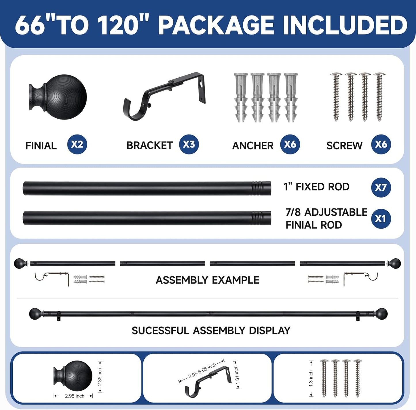 BRIOFOX Black Curtain Rods for Windows 66 to 120 Inch(5.5-10ft) - 1'' Diameter Heavy Duty Curtain Rods with Imitation Wood Grain Pattern Finials,Adjustable Decorative Curtain Rods Set,28-120''