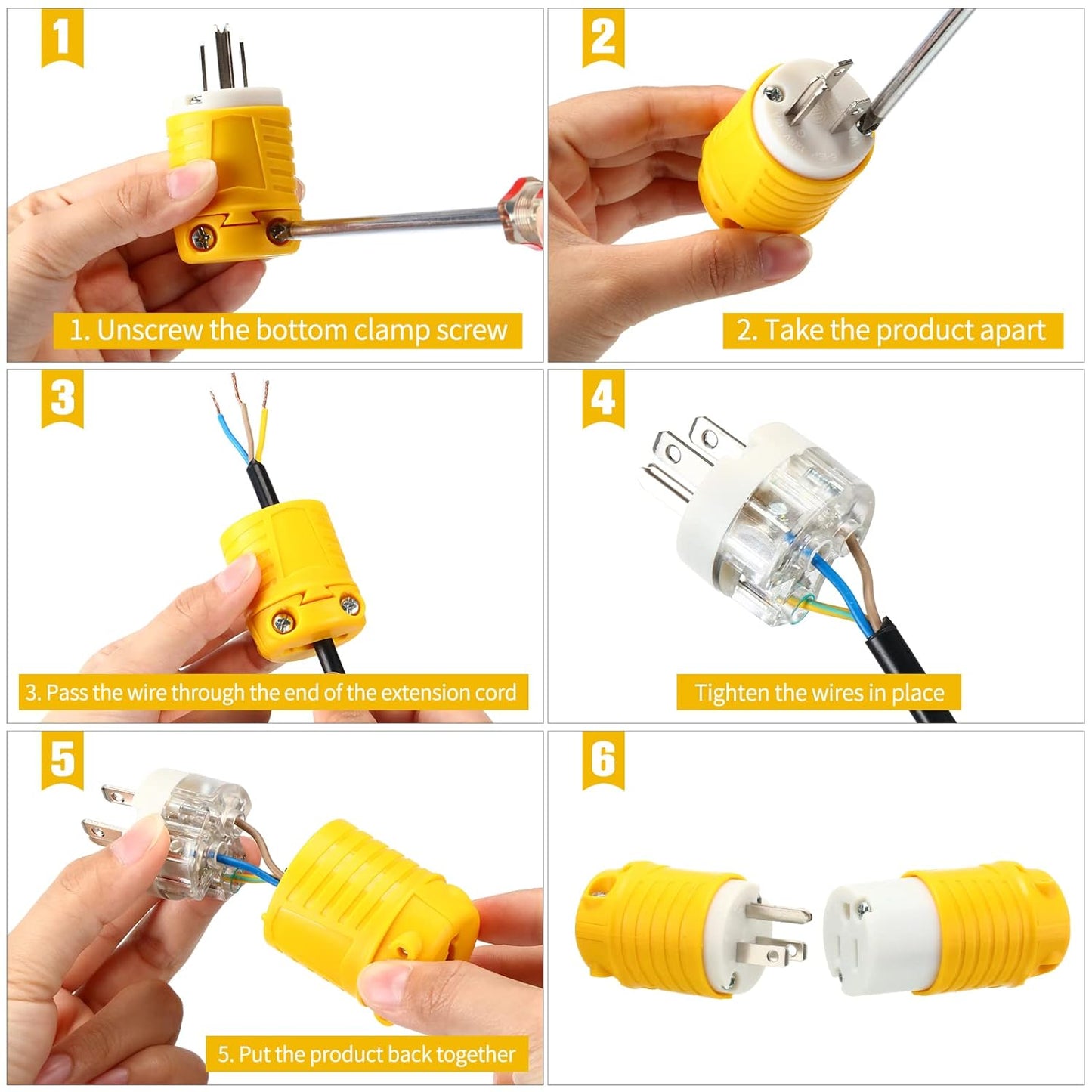 Sherr 16 Pcs Extension Cord Ends 15A 125V 2 Pole 3 Wire Heavy Duty Replacement Male Plug Female Connector Set 5-15P 5-15R Straight Blade Plug Grounding Type/ETL Listed (Male,Female)
