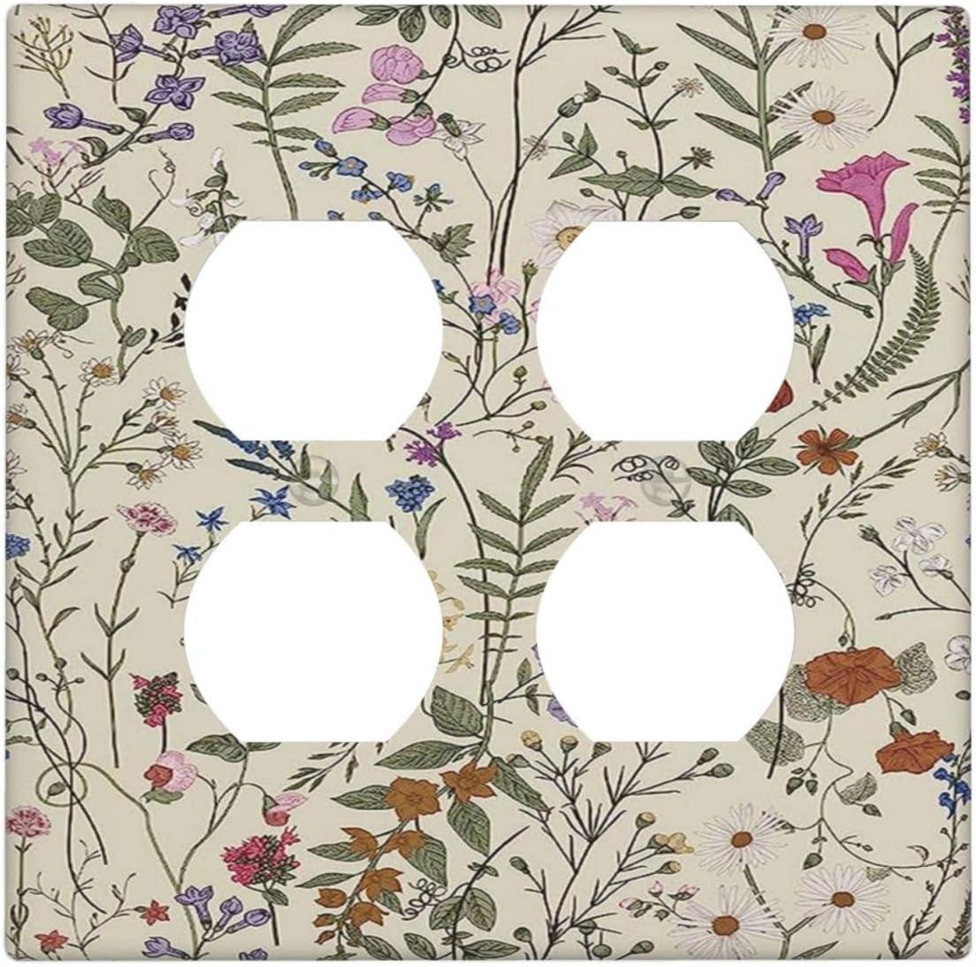 Decorative Outlet Covers Rustic Beige Wildflower Flowers 2 Gang Wall Plate Cover Double Duplex Receptacle Two Switch Light Switch Cover Plate Jumbo Dual Faceplate for Home Decor