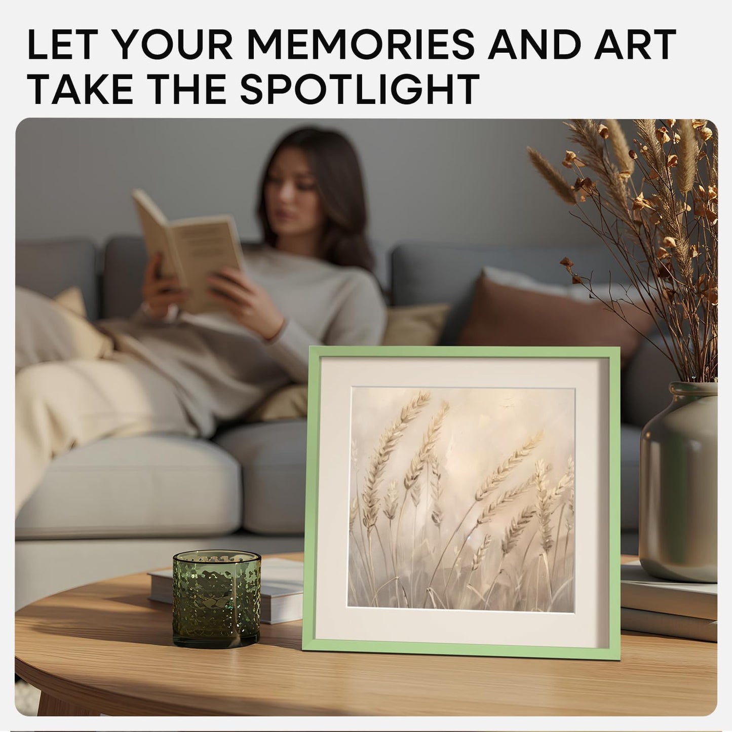 Homeforia 10x10 Picture Frame Sage Green, High End Metal 10 by 10 Square Frames with Mat 8 x 8 Photo, 10by10 Poster Frame Matted to 8x8 Art, Wall or Tabletop Frames, Tempered Glass, Wall Kit, Set of 1