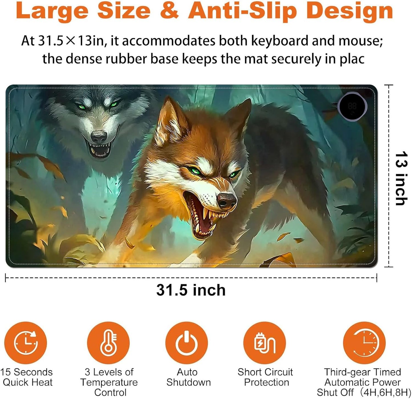 Heated Mouse Pad for Desk 31.5" x 13" – PU Leather Warm Desk Pad with 3 Heat Levels (104°F/113°F/122°F), Plug-in Electric Heating Mat with Auto Shut-Off, Waterproof & Rollable, Forest Wolves