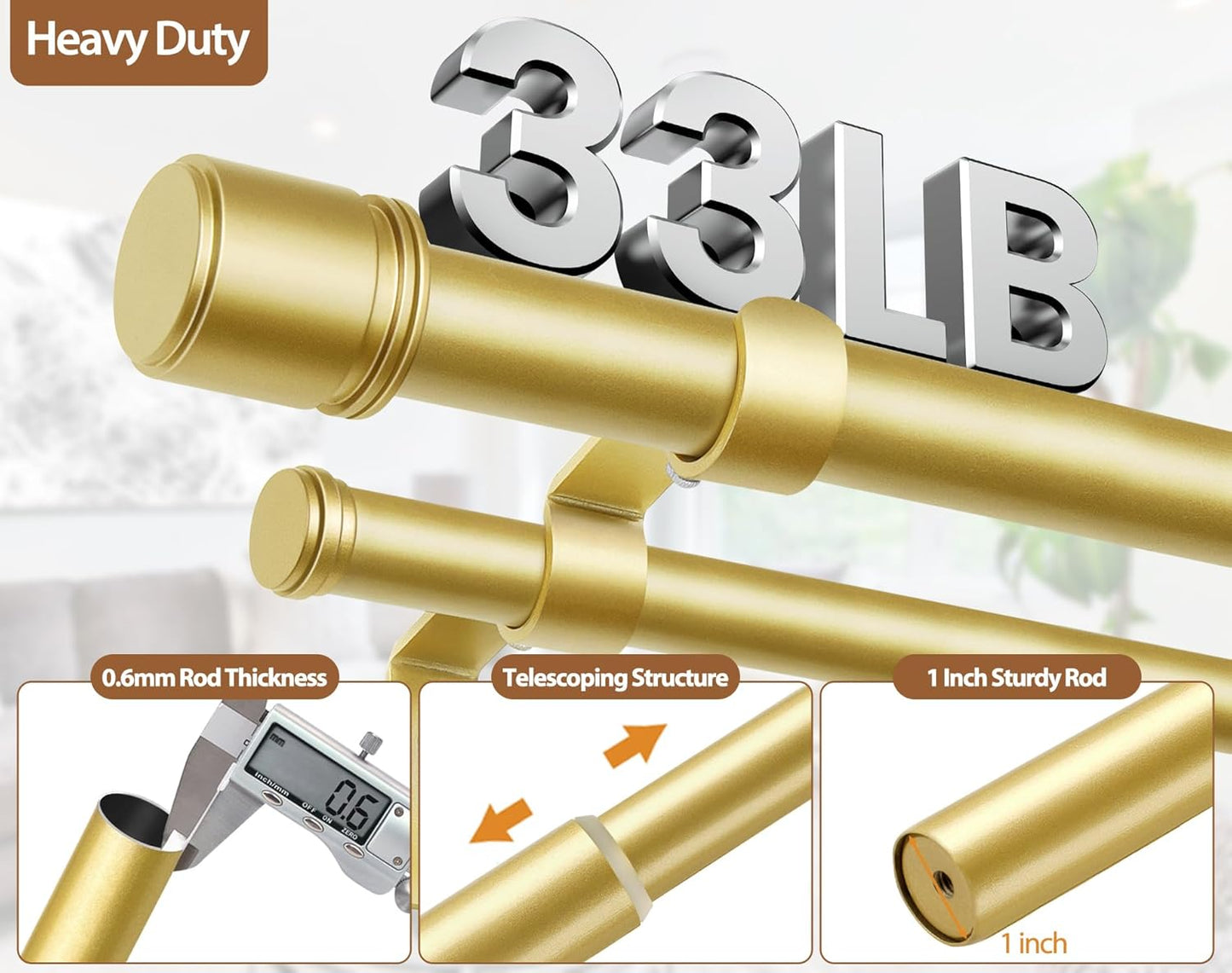 Double Curtain Rod 72 to 144 Inch, HOTOZON 1 Inch Heavy Duty Double Curtain Rods for Windows 60 to 140 Inches(5-11.6 ft), Telescoping Drapery Rod with Simple End Finials, Gold