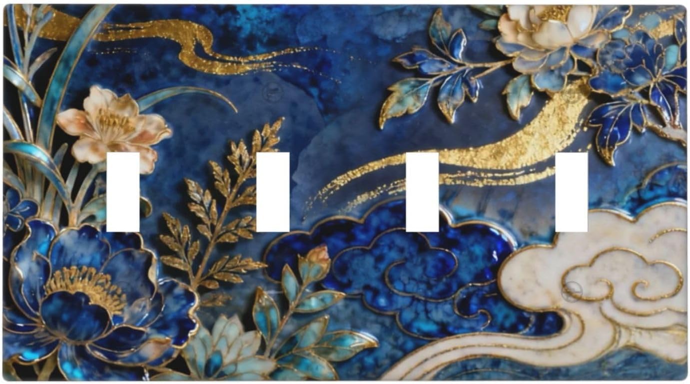 Decorative Light Switch Cover Plate Blue White Flower Gold Line Cloud 4 Gang Wall Plates for Electrical Outlets Quad Toggle Switch Plate Covers Outlet Covers Faceplate for Home Decor