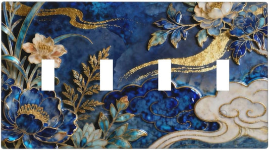 Decorative Light Switch Cover Plate Blue White Flower Gold Line Cloud 4 Gang Wall Plates for Electrical Outlets Quad Toggle Switch Plate Covers Outlet Covers Faceplate for Home Decor