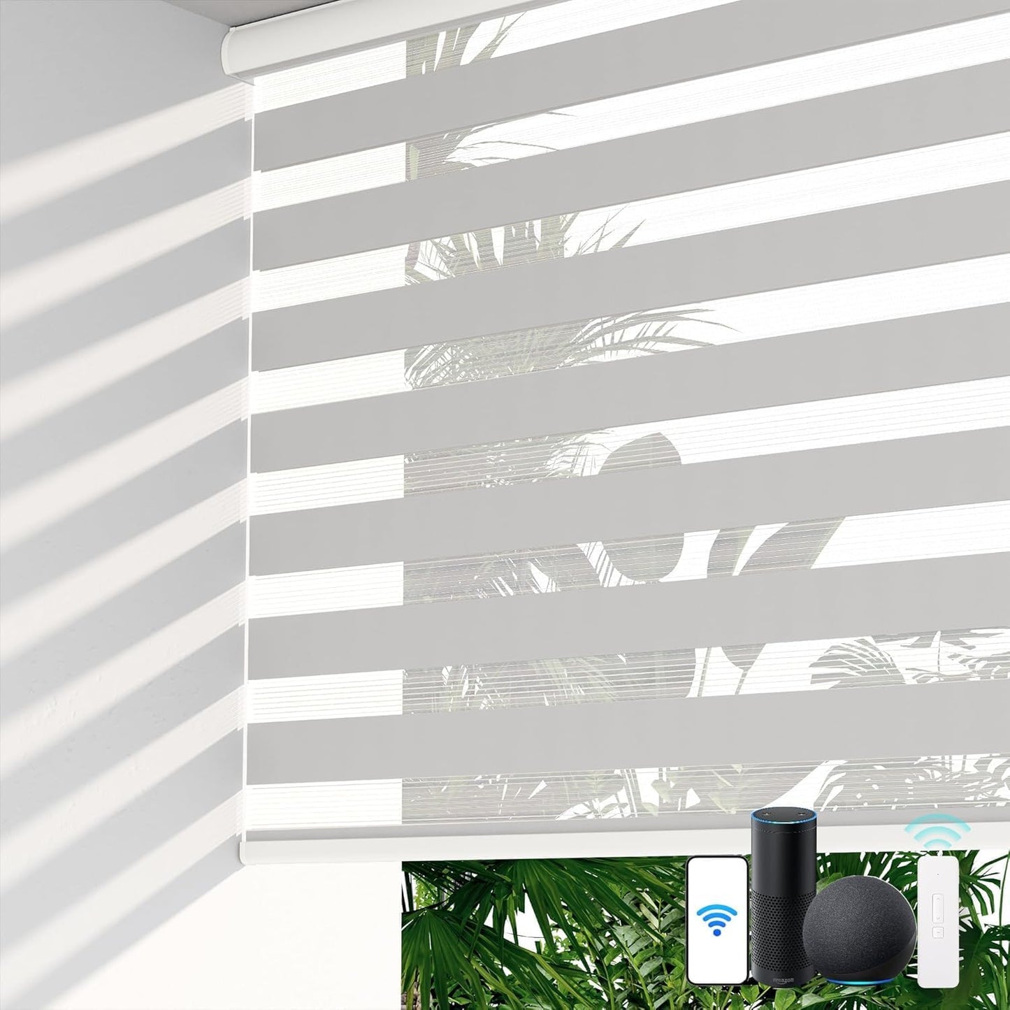 LazBlinds Motorized Zebra Roller Shades, Rechargeable Smart Blinds with Remote Control, Custom Size Light Filtering Dual Layer Roller Sheer Shades, Grey