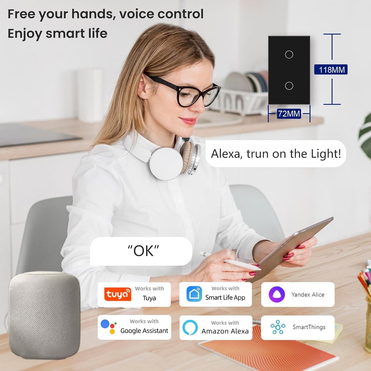 WiFi Smart Light Switch 118X72X34MM Need Neutral Wire,2.4GHz Wi-Fi Touch Switch,Work with Smart Life/Tuya App, Compatible with Alexa and Google Home, Black 2 Gang