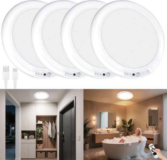maylit 4 Pack Rechargeable Ceiling Lights, Motion Sensor Lights No Wiring, Wireless Closet Lights Battery Operated, for Bathroom Laundry Room Kitchen Porch Stair Hallway Shower Pantry Garage