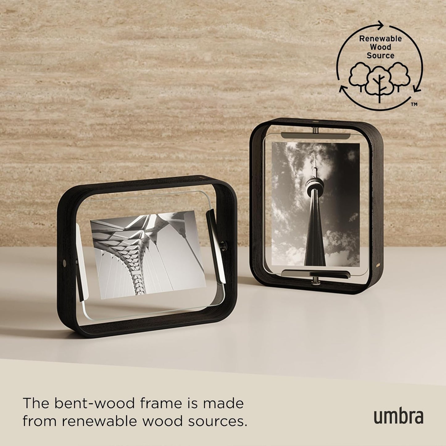 Umbra Bellwood 5x7 Desk Picture Frame with Bent Wood Trim and Two-Sided Rotating Display, Black