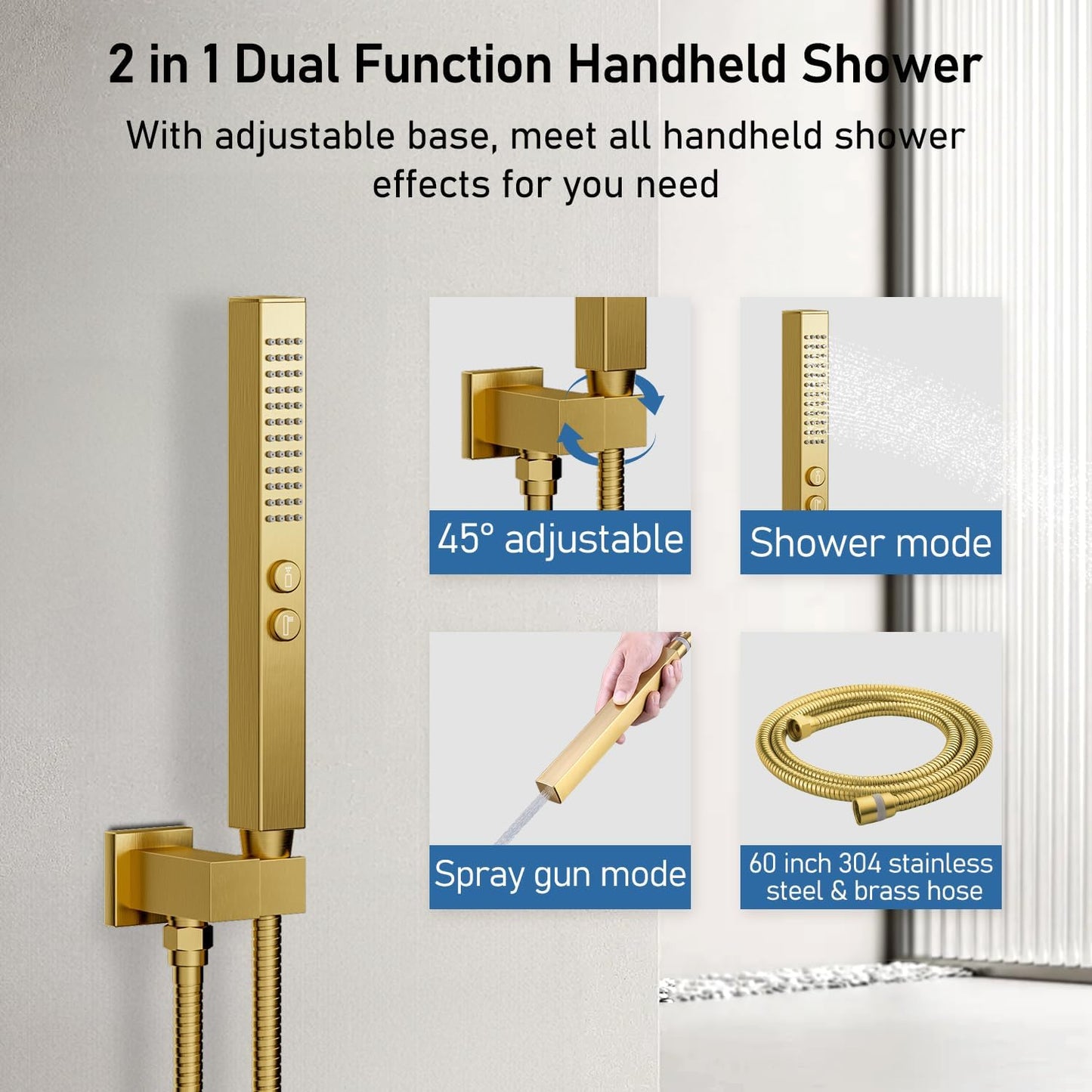 Brushed Gold Shower System, STARBATH Ceiling Mounted 10+6 Inch Rainfall Shower Head with 2 in 1 High Pressure Handhled, Can Use All at Once, Push Button Diverter Thermostatic Valve with Trim Kit