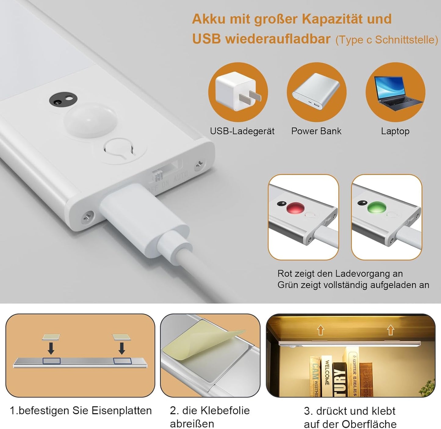 2 Pack 30CM Under Cabinet Lights [with Remote], 120 LEDs Motion Sensor Light, 3 Color Temps Dimmable & Timable, Rechargeable Closet Lights for Cabinet, Closet, Kitchen, Hallway, Stairs