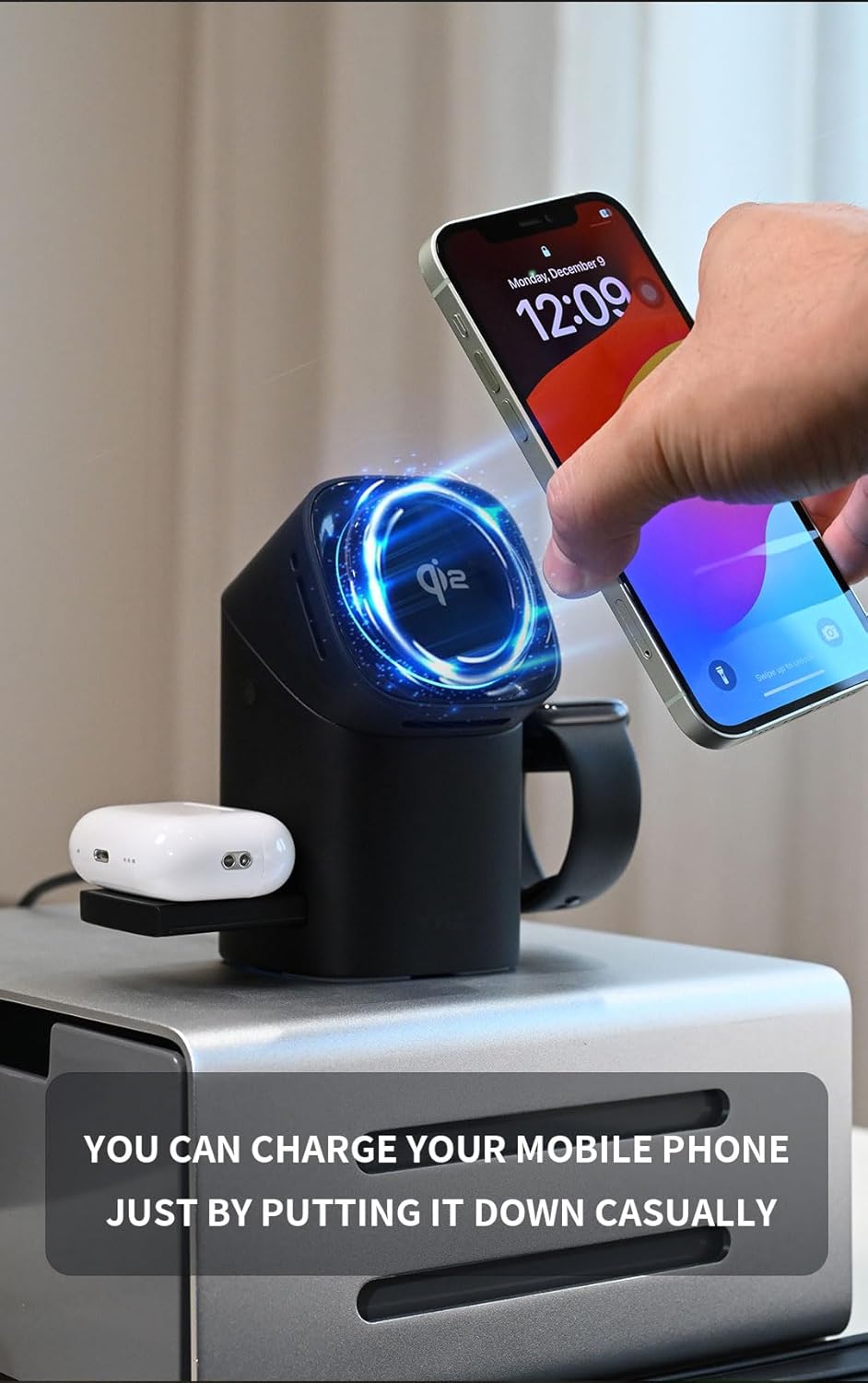 3 in 1 Wireless Charging Station for iPhone 17/16/15/14/13/12 Pro Max, Qi 2 Certified 15W Fast Magnetic Charger Stand for Magsafe Phone, AirPods, Smart Watch (Grey Color)